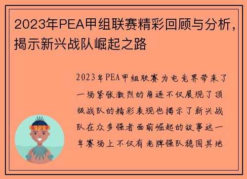 2023年PEA甲组联赛精彩回顾与分析,揭示新兴战队崛起之路
