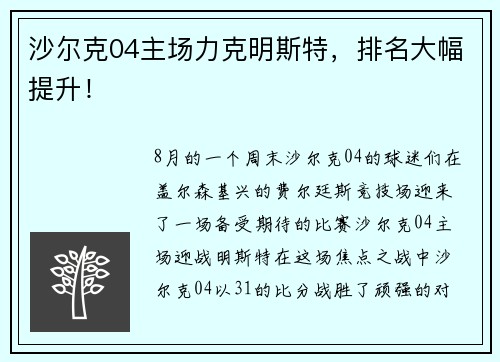沙尔克04主场力克明斯特,排名大幅提升!