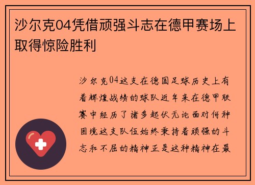 沙尔克04凭借顽强斗志在德甲赛场上取得惊险胜利